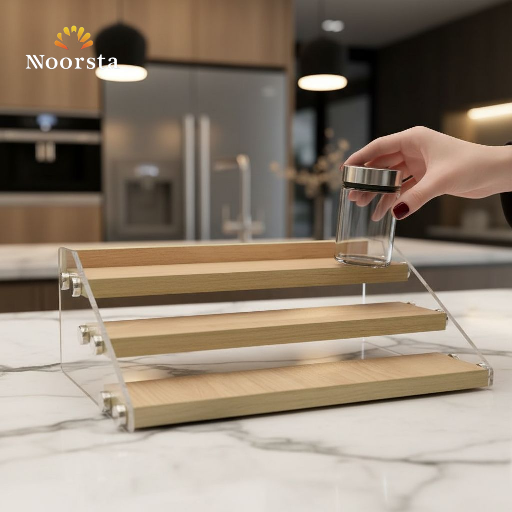 منظم توابل خشب واكريليك للمطبخ - Modern 3-Tier Wooden Spice Organizer Rack - Noorsta