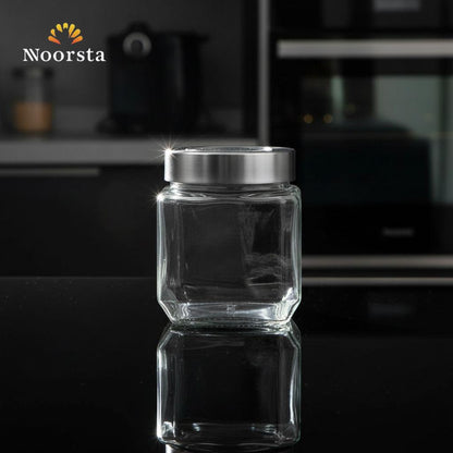 The Crystal Keep: Square Glass Storage Jar with Steel Lid (450ml)