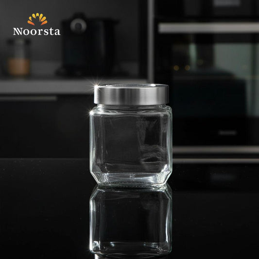 The Crystal Keep: Square Glass Storage Jar with Steel Lid (450ml)