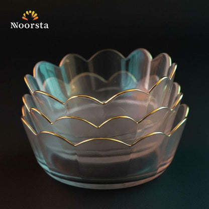طقم بولات زجاج شكل وردة بحرف دهبي لتقديم السلطات والشوربة - Elegant Floral Glass Bowl Set with Gold Rim for Salads and Soups - Noorsta