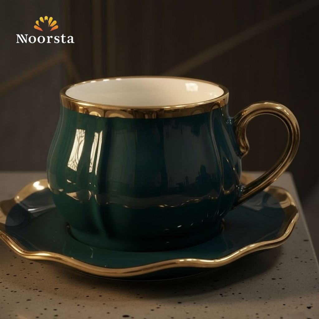 طقم فناجين قهوة بورسلين شيك للتقديمات - Elegant multi-color ribbed porcelain coffee cup set with gold trim - Noorsta