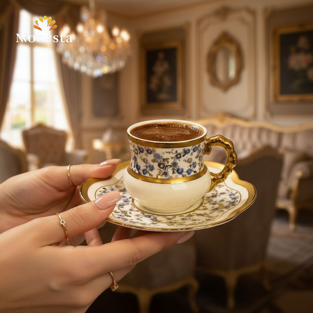 طقم قهوة بورسلين تركي بلمسات دهبي - Elegant Turkish-Style Porcelain Coffee Set - Noorsta