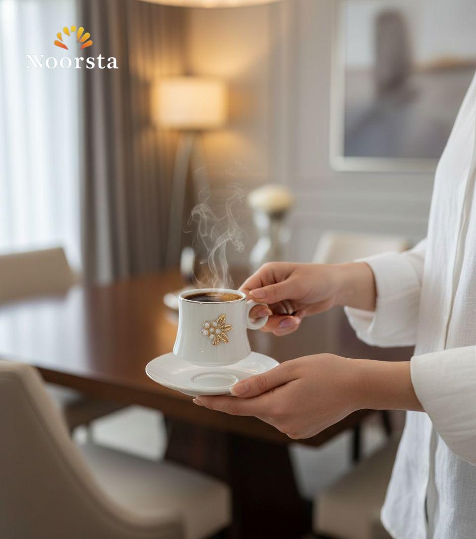 طقم فناجين قهوة تركي شيك لجهاز العروسة - Luxury Pearl and Gold Embellished Porcelain Coffee Cup Set - Noorsta