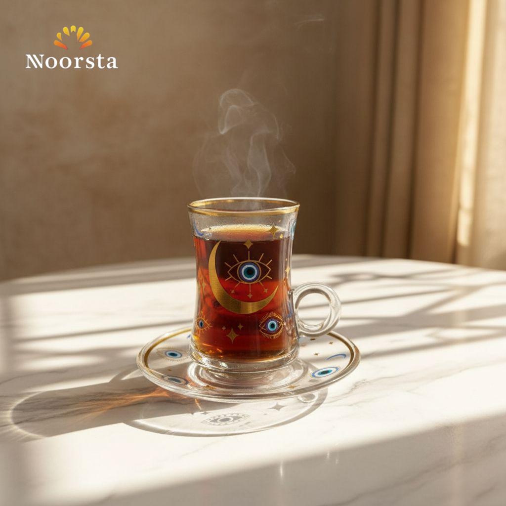 طقم استكانة شاي وطبق زجاجي فاخر بتصميم العين الزرقاء والهلال الذهبي - Celestial Evil Eye Glass Teacup & Saucer Set with Gold Accents - Noorsta