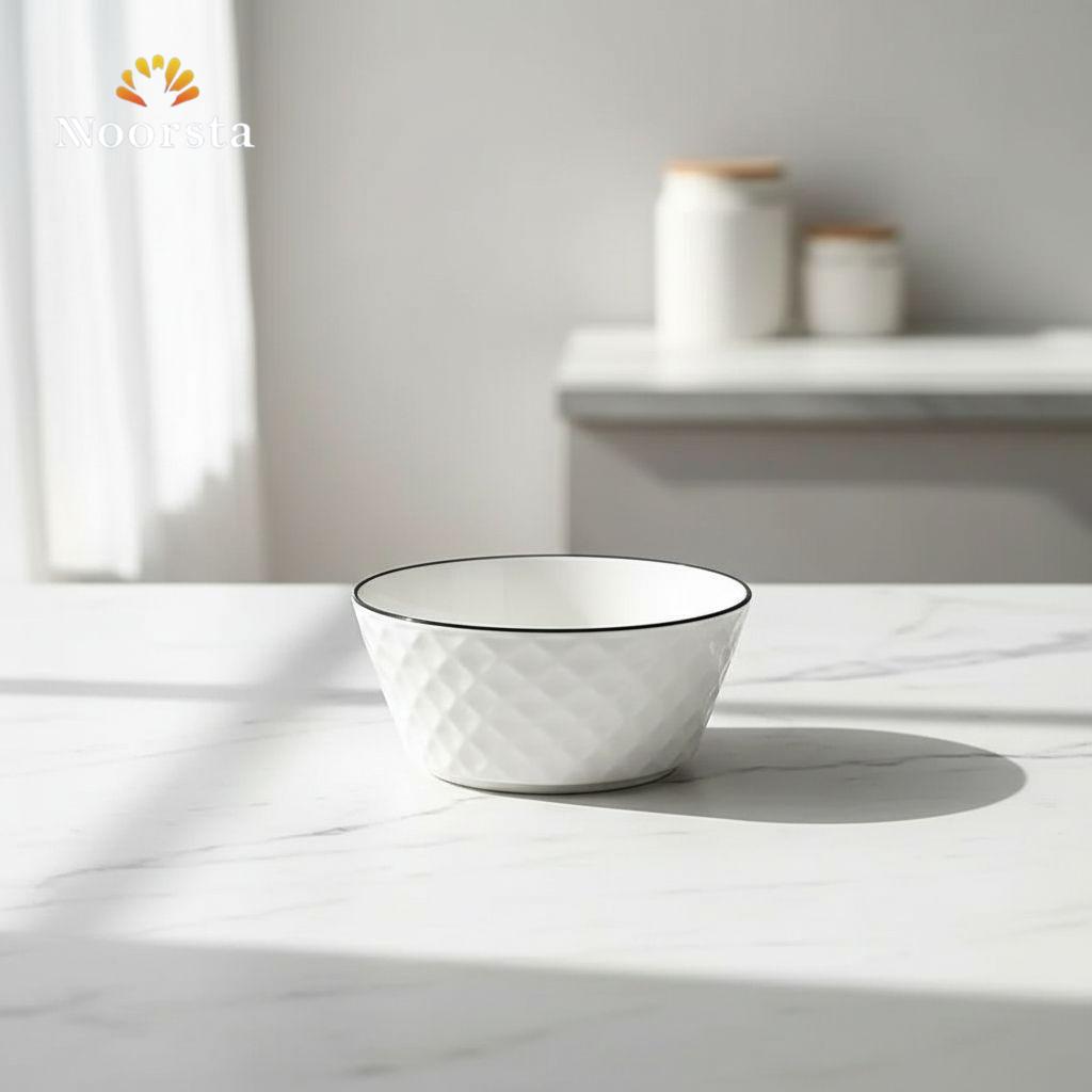 بولة بورسلين شيك للشوربة والسلطة - Premium White Porcelain Soup Bowl with Black Rim - Noorsta