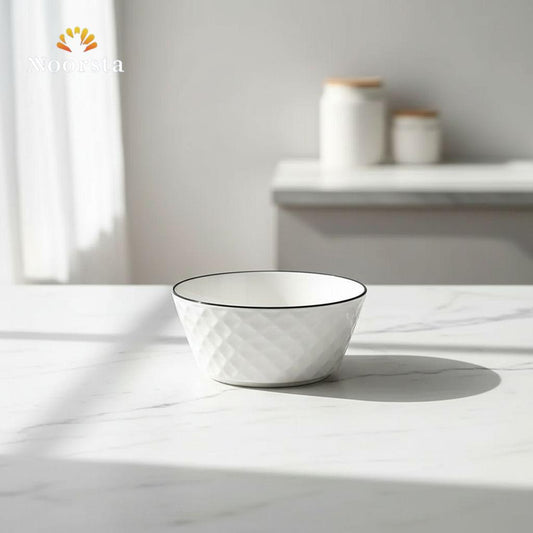 بولة بورسلين شيك للشوربة والسلطة - Premium White Porcelain Soup Bowl with Black Rim - Noorsta