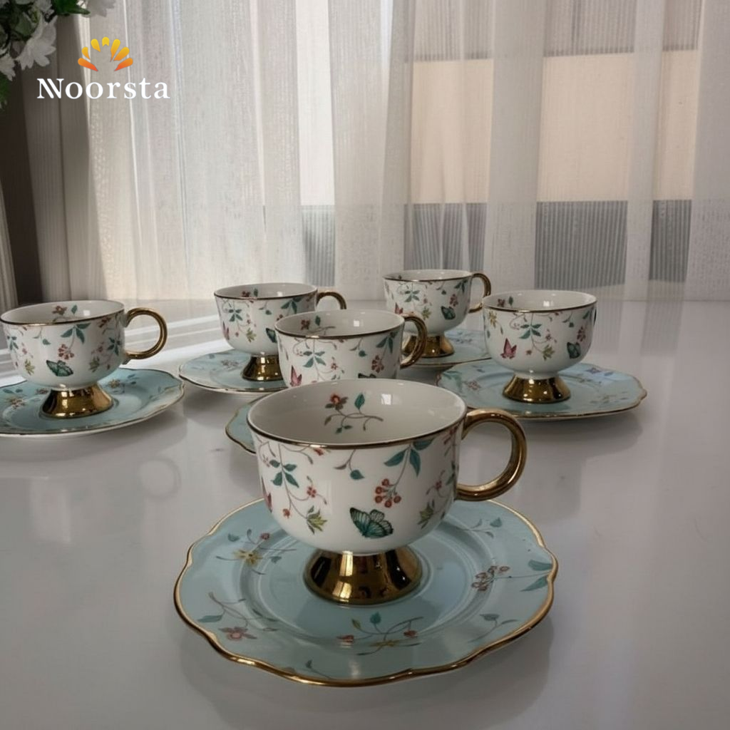 طقم قهوة بورسلين بلمسات جولد - Authentic Turkish-Style Porcelain Coffee Set - Noorsta