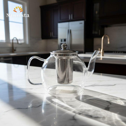 براد شاي بايركس حراري شفاف بمصفاة للأعشاب - Clear Heat-Resistant Pyrex Glass Teapot with Infuser - Noorsta