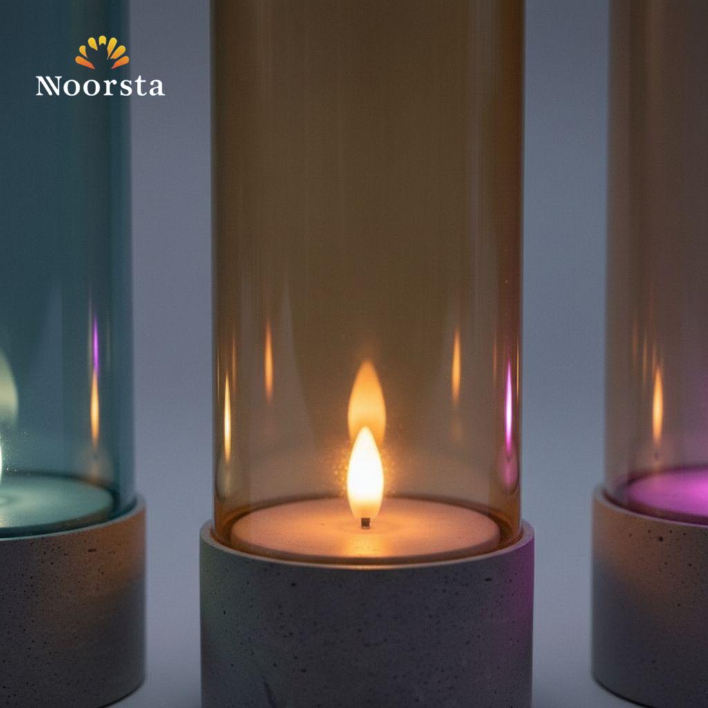 شمعدان ببطارية لإضاءة دافية في عزومات العيلة - Modern Amber Glass Battery-Operated Candle Holder - Noorsta