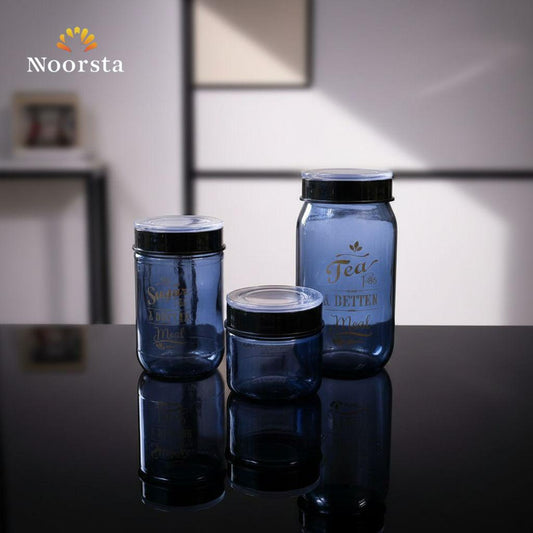 Obsidian Blue Tinted Glass Storage Canister Set with Gold Script - 3 Piece Collection