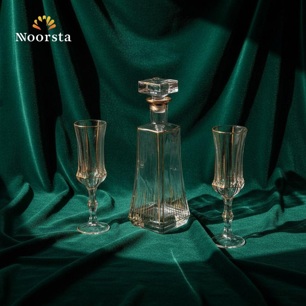 Regal Gold-Pinstripe Crystal Decanter & Flute Set - 7 Pieces