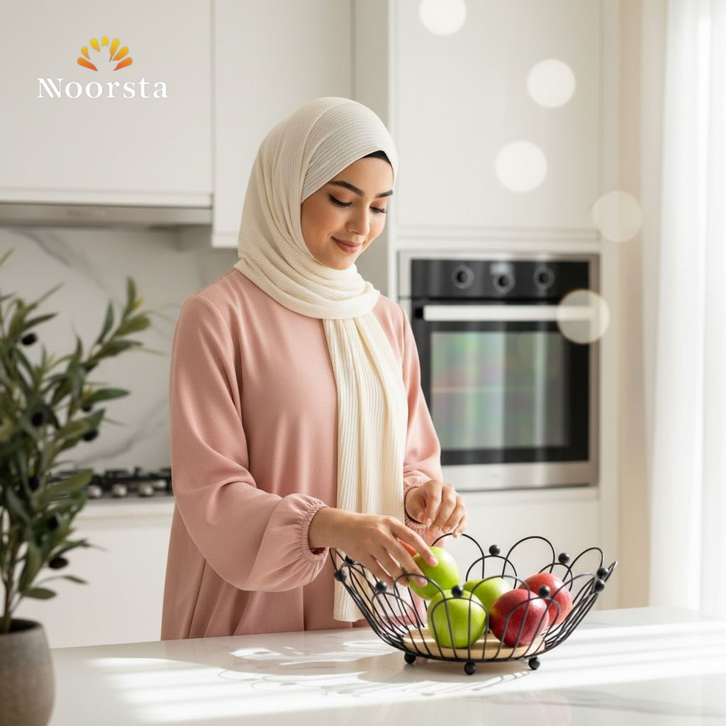 طبق فاكهة ديكور مودرن بقاعدة خشبية - Modern Wireframe Fruit Bowl with Wooden Base - Noorsta