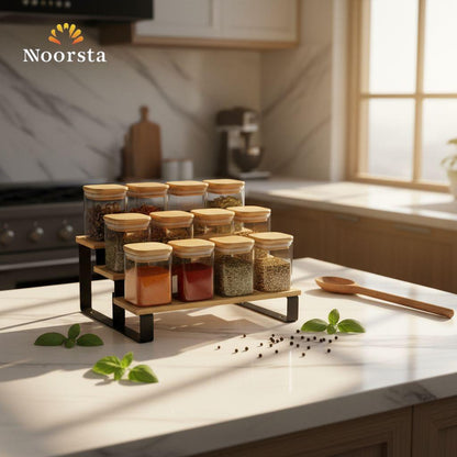 Nordic Essence 12-Piece Glass & Bamboo Spice Organizer Stand