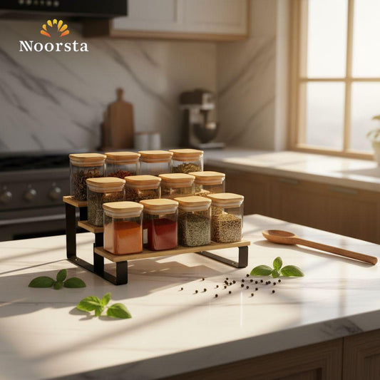 Nordic Essence 12-Piece Glass & Bamboo Spice Organizer Stand