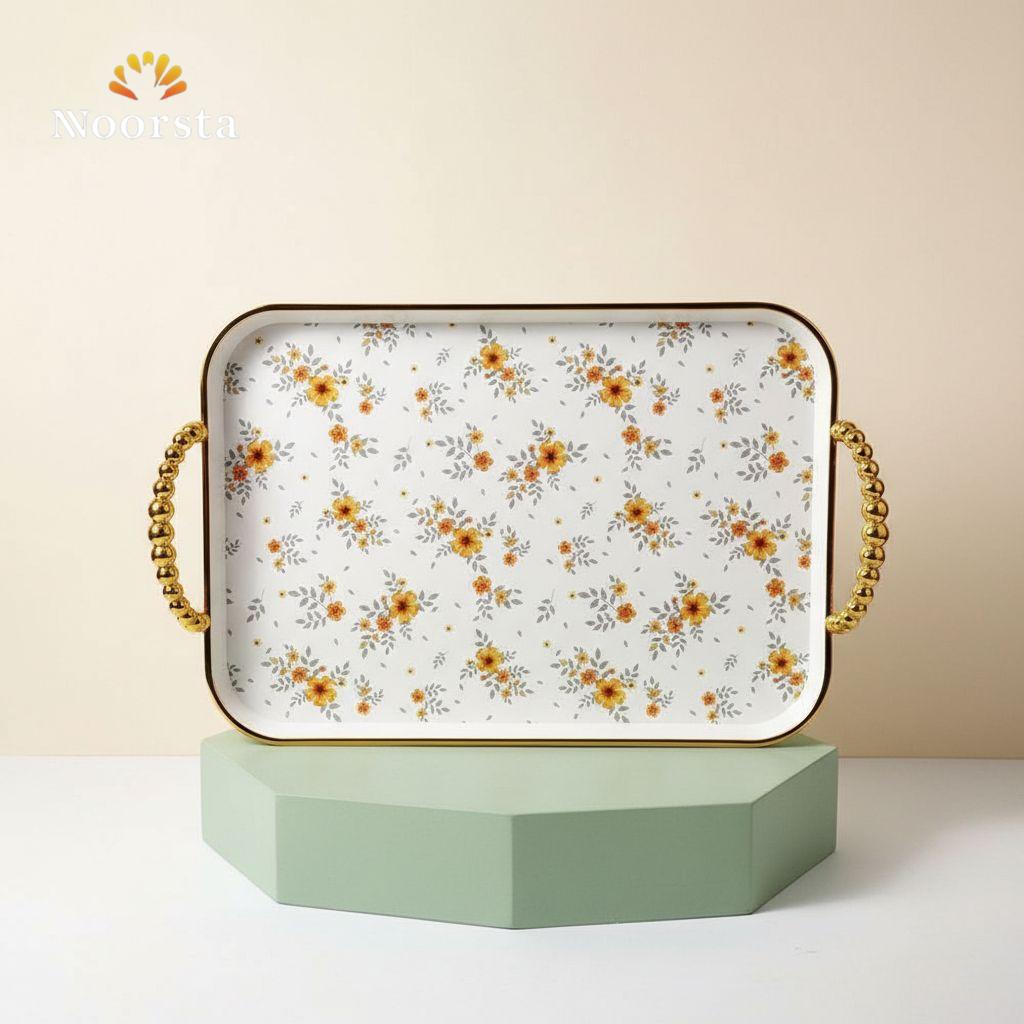 Golden Meadow Floral Serving Tray Set with Beaded Gold Handles - 3 Pieces