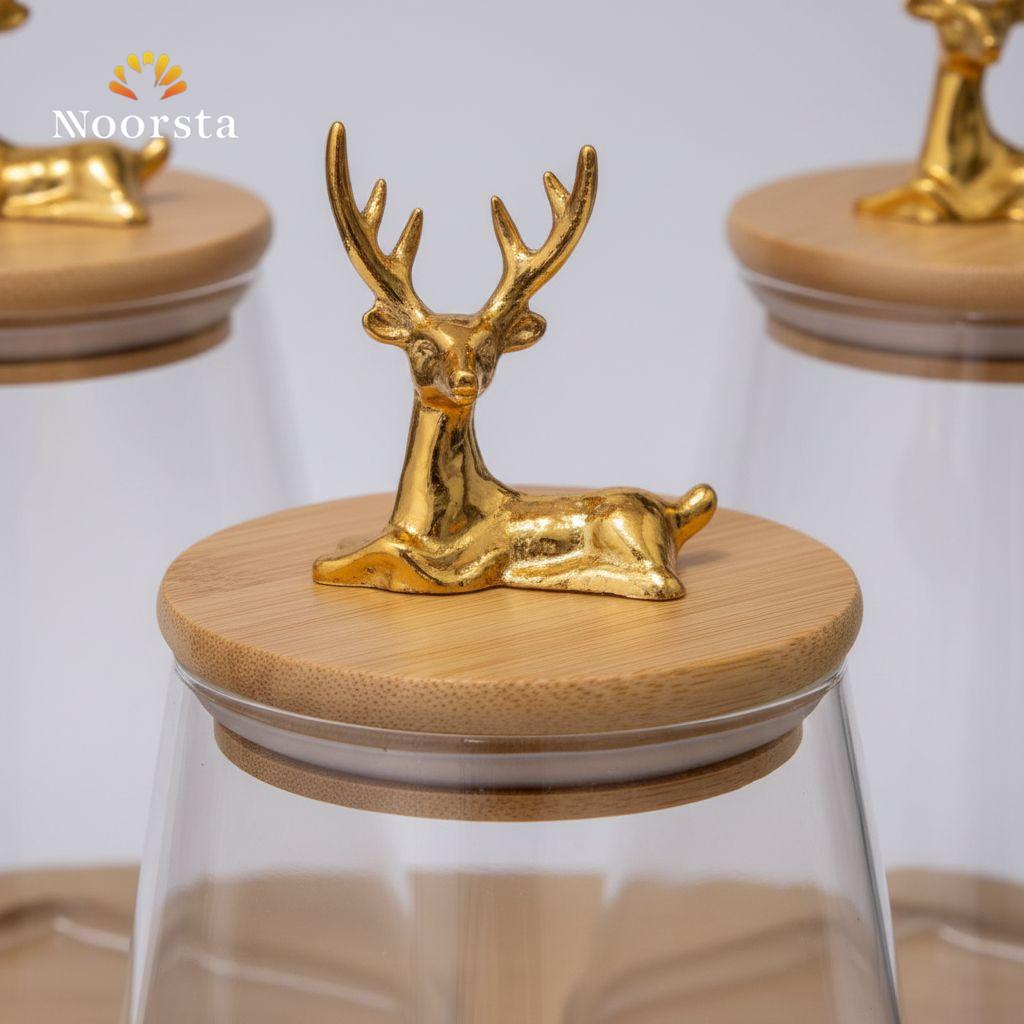 طقم توابل زجاجي بتصميم الغزالة مع حامل بامبو دوار - Elegant Gazelle Glass Spice Jar Set with Rotating Bamboo Stand - Noorsta