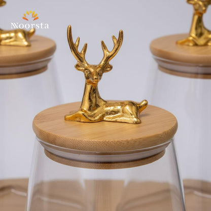 طقم توابل زجاجي بتصميم الغزالة مع حامل بامبو دوار - Elegant Gazelle Glass Spice Jar Set with Rotating Bamboo Stand - Noorsta