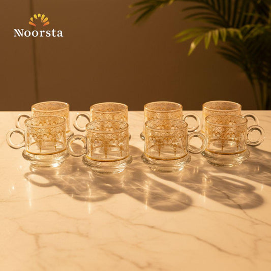 طقم فناجين قهوة قزاز شيك للضيوف - Classic Gold-Lace Glass Coffee Cup Set - Noorsta