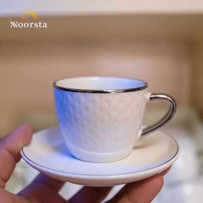 طقم فناجين قهوة بورسلين شيك للتقديم - Elegant 12-Piece White Porcelain Coffee Set with Silver Rim - Noorsta