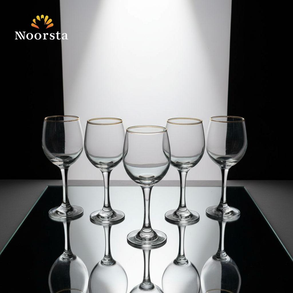 طقم كاسات زجاج شيك للعصاير والتقديم - Elegant Gold-Rimmed Glass Goblet Set - Noorsta