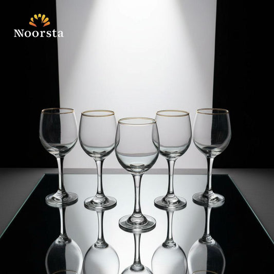 طقم كاسات زجاج شيك للعصاير والتقديم - Elegant Gold-Rimmed Glass Goblet Set - Noorsta