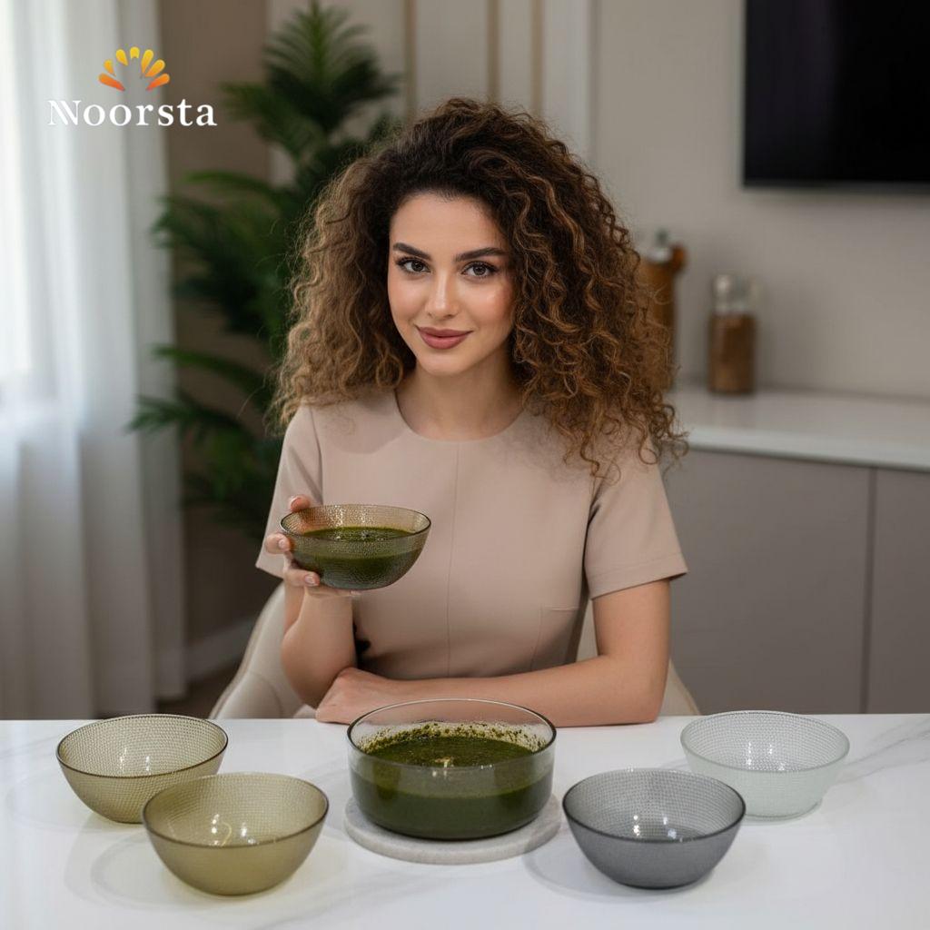طقم بولات زجاج حراري شيك للتقديم وجهاز العروسة - Elegant 6-Piece Textured Glass Serving Bowl Set - Noorsta