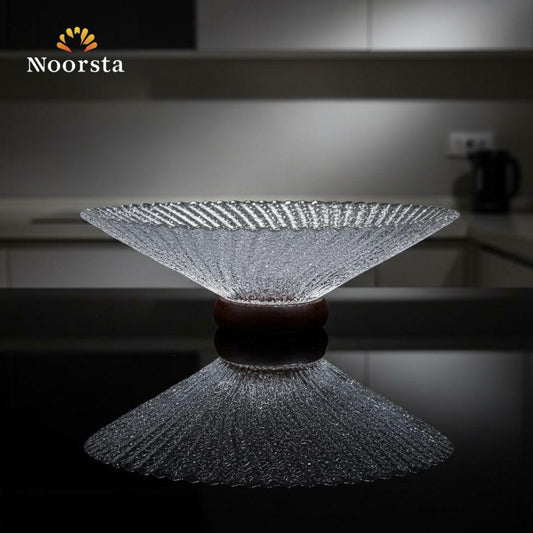 Crystalline Textured Glass Fruit Bowl with Walnut Finish Base