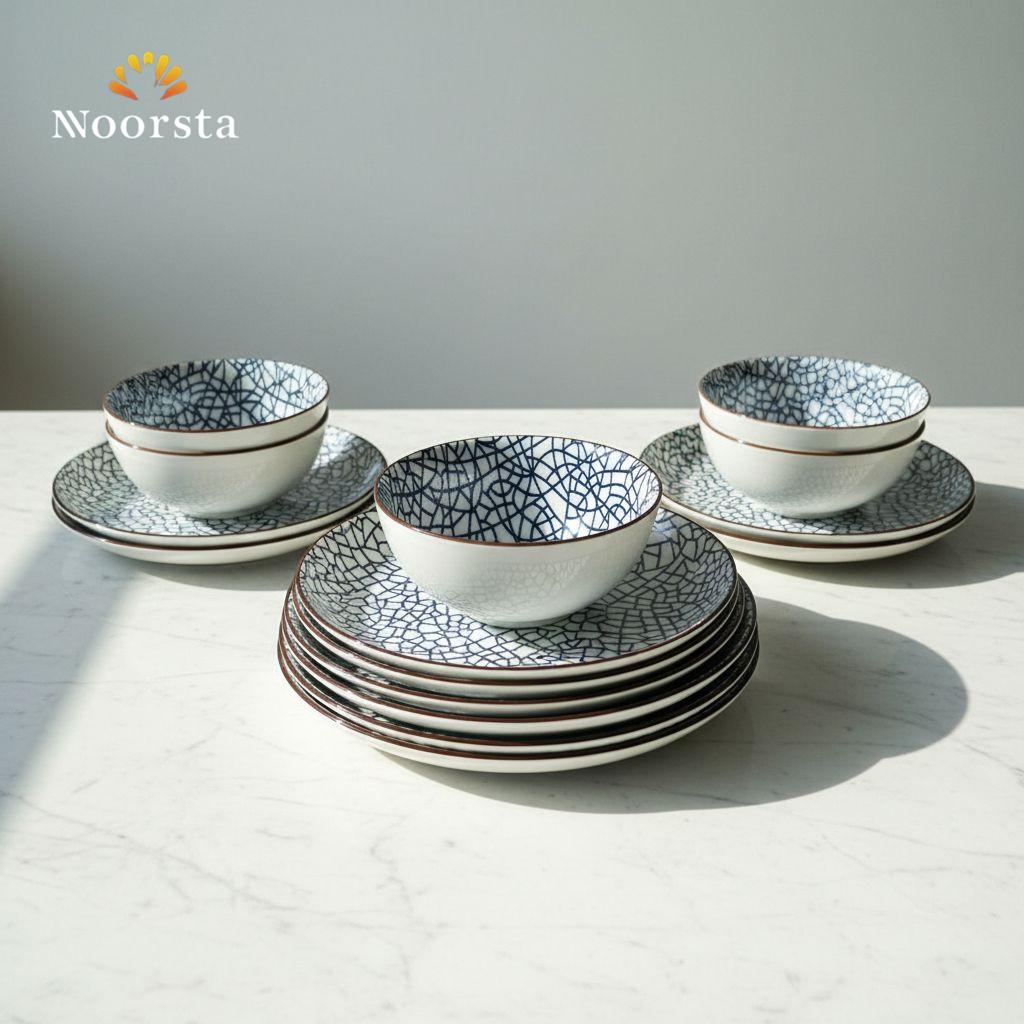 طقم عشاء بورسلين حراري 12 قطعة بنقشة هندسية - Modern 12-Piece Thermal Porcelain Dinnerware Set - Noorsta