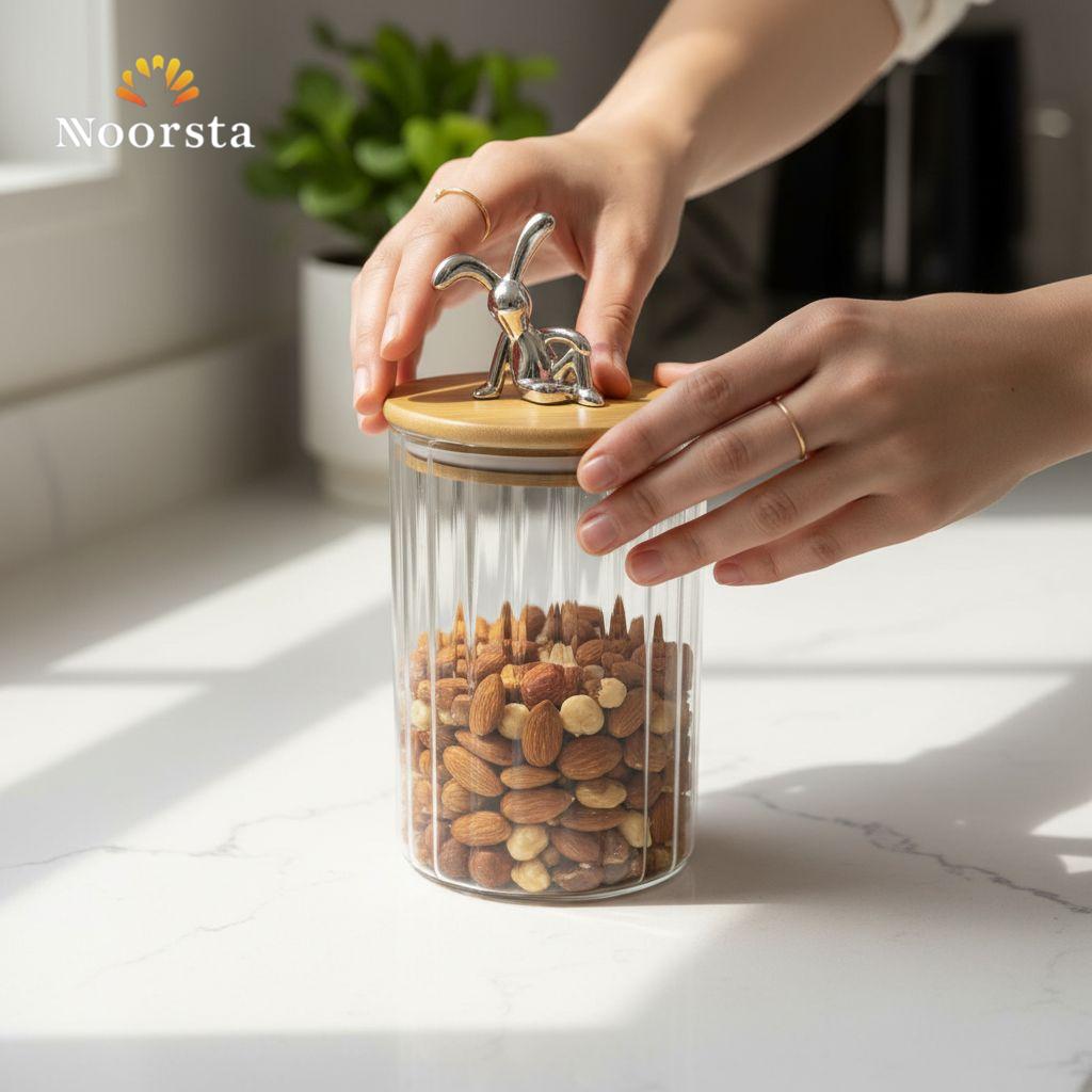 Royal Ribbed Glass Canister Set with Silver Rabbit Finial - 3 Piece Luxury Collection