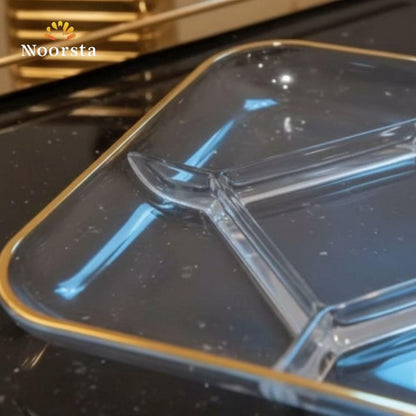 طبق تقديم زجاج مقسم بحواف ذهبية شيك جدا لجهاز العروسة - Elegant Glass Divided Serving Plate with Gold Rim - Noorsta