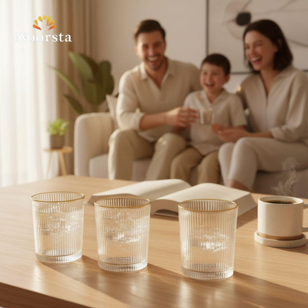 طقم أكواب أورا الزجاجية المضلعة بحافة ذهبية