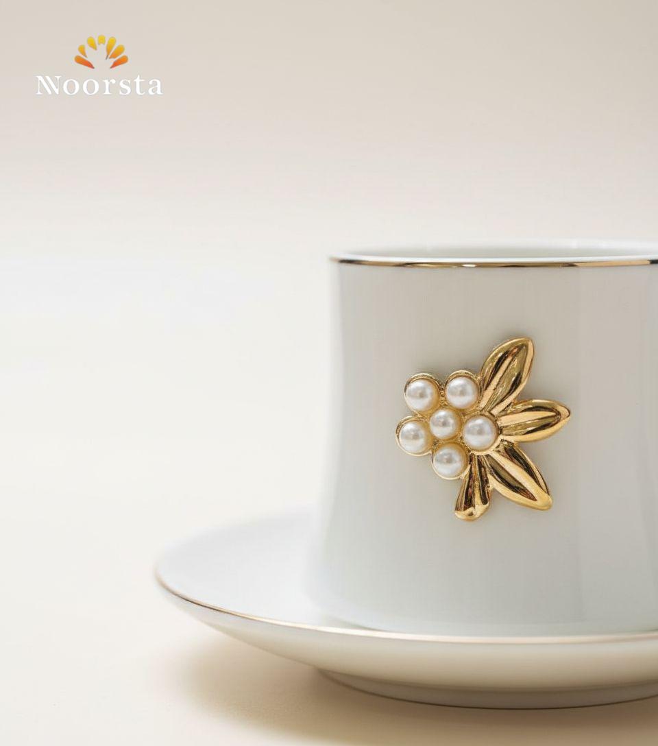 طقم فناجين قهوة تركي شيك لجهاز العروسة - Luxury Pearl and Gold Embellished Porcelain Coffee Cup Set - Noorsta