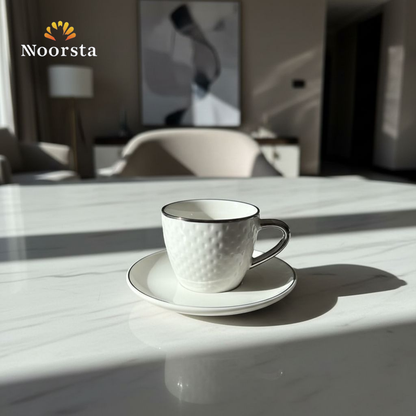 طقم فناجين قهوة بورسلين شيك للتقديم - Elegant 12-Piece White Porcelain Coffee Set with Silver Rim - Noorsta