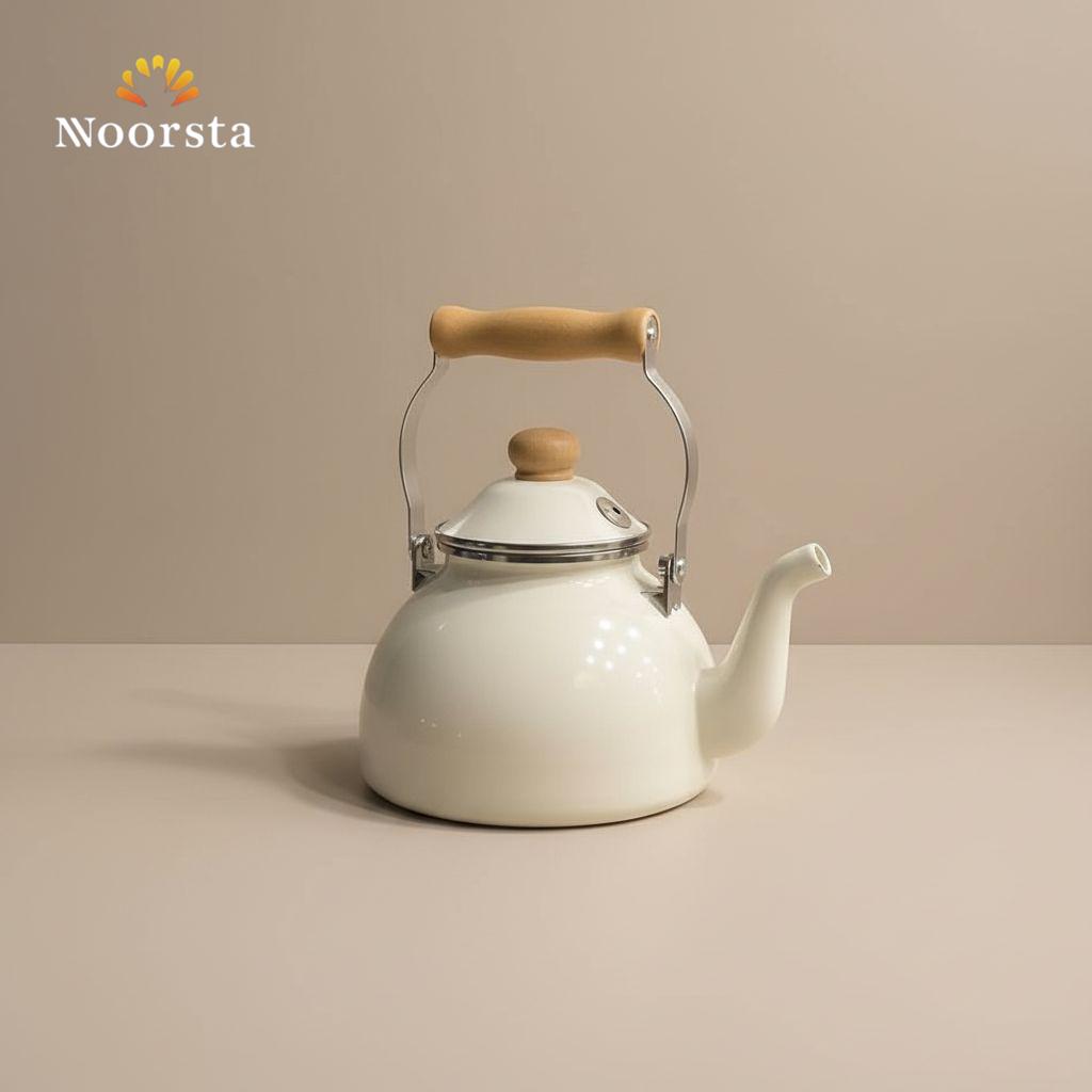 Nordic Essence Enamel Stovetop Kettle - White & Wood Edition