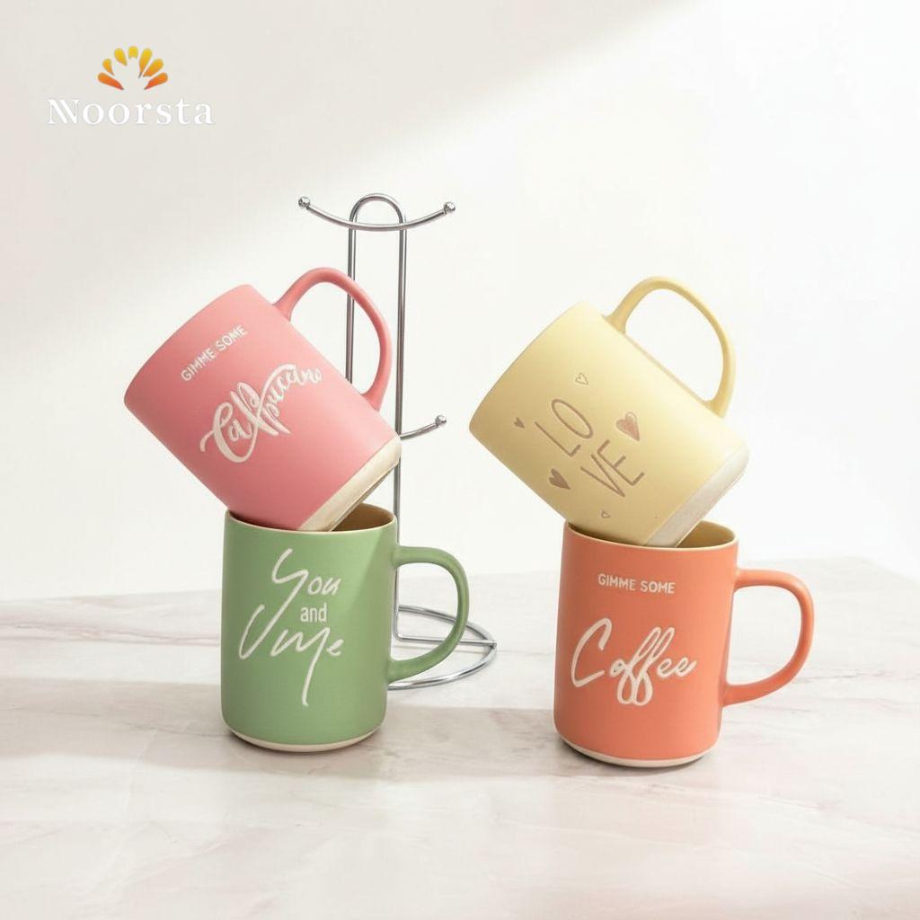 طقم مجات بورسلين مط ٤ قطع بالستاند - Modern Matte Porcelain Mug Set 400ml - Noorsta