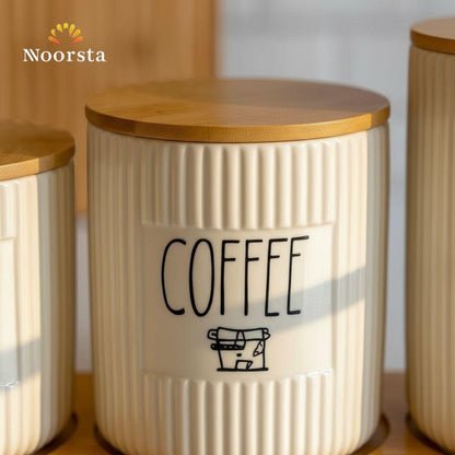 Nordic Ribbed Ceramic & Bamboo Canister Set with Tray