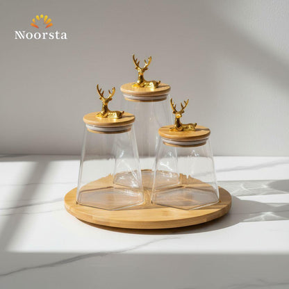 طقم توابل زجاجي بتصميم الغزالة مع حامل بامبو دوار - Elegant Gazelle Glass Spice Jar Set with Rotating Bamboo Stand - Noorsta