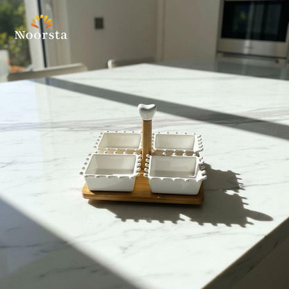 طقم تسالي بورسلين شيك لتقديم المكسرات - Elegant 5-Piece Porcelain Snack Set with Wooden Tray - Noorsta