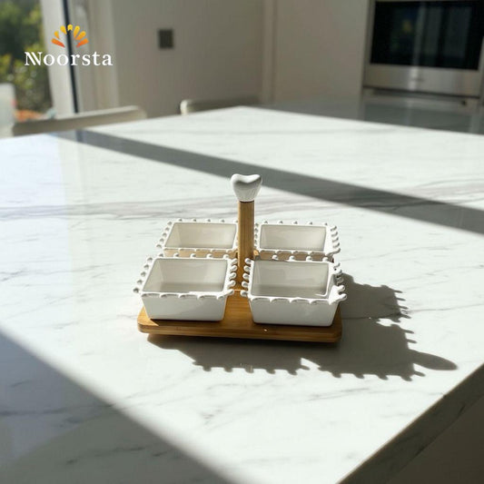 طقم تسالي بورسلين شيك لتقديم المكسرات - Elegant 5-Piece Porcelain Snack Set with Wooden Tray - Noorsta