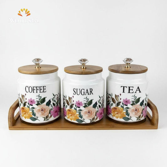 طقم علب مطبخ سيراميك شيك للقهوة والسكر - Elegant Floral Ceramic Canister Set - Noorsta