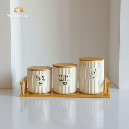 Nordic Ribbed Ceramic & Bamboo Canister Set with Tray