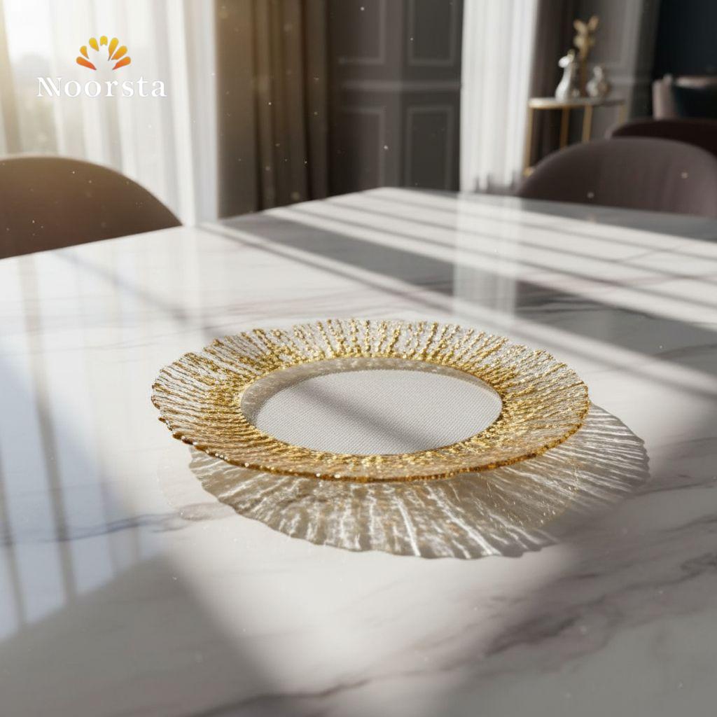 طقم جاتوه دهبي شيك لتقديم الحلويات - Elegant Gold-Rimmed Textured Glass Dessert Plate Set - Noorsta
