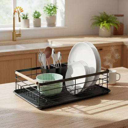 Nordic Noir: Matte Black & Wood Dish Drying Rack