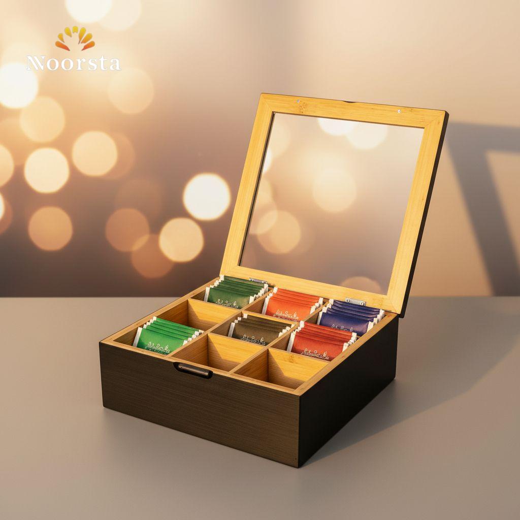 Noorsta Heritage 9-Slot Wooden Tea Organizer Box with Glass Display