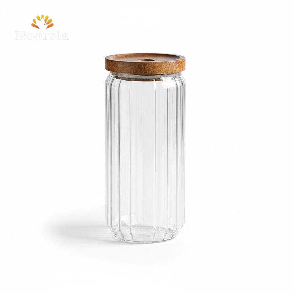 برطمان زجاجي مضلع شيك لتنظيم المطبخ - Premium Ribbed Glass Storage Jar with Bamboo Lid - Noorsta