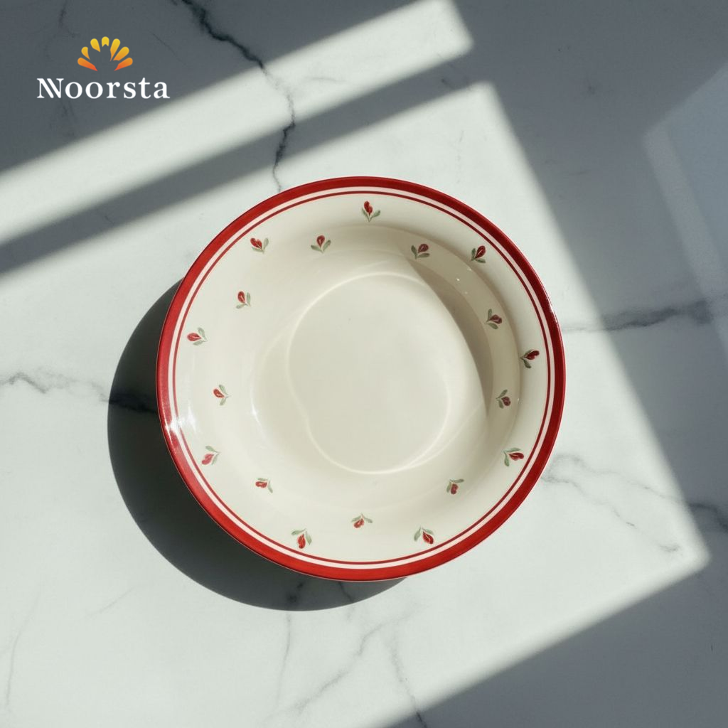 طبق تقديم بورسلين أوف وايت بورد أحمر شيك - Classic Off-White Porcelain Floral Plate - Noorsta