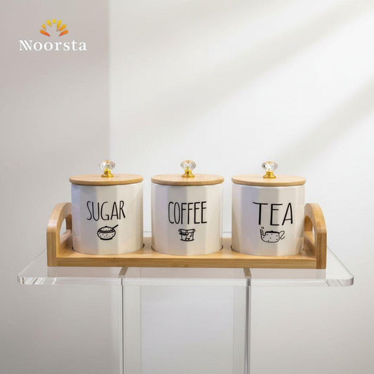 Noorsta™ Modern Geometric Ceramic & Bamboo Tea Coffee Sugar Canister Set with Tray