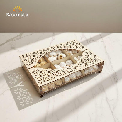صندوق الضيافة الخشبي الفاخر بتصميم أرابيسك مفرغ وغطاء أكريليك شفاف