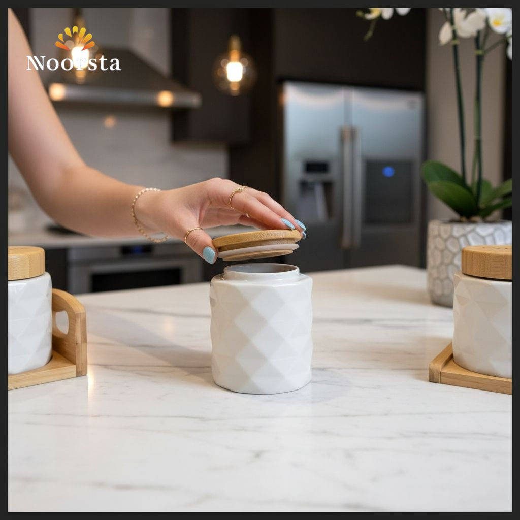 طقم توابل بورسلين شيك للمطبخ - Modern Geometric Porcelain Canister Set with Wooden Stand - Noorsta