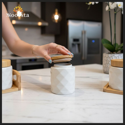 طقم توابل بورسلين شيك للمطبخ - Modern Geometric Porcelain Canister Set with Wooden Stand - Noorsta